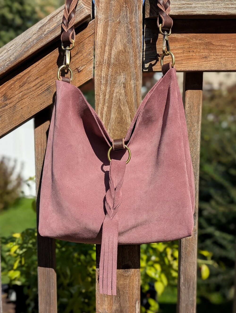 Driven By Nature dusty mauve suede Pony Shot Shoulder bag